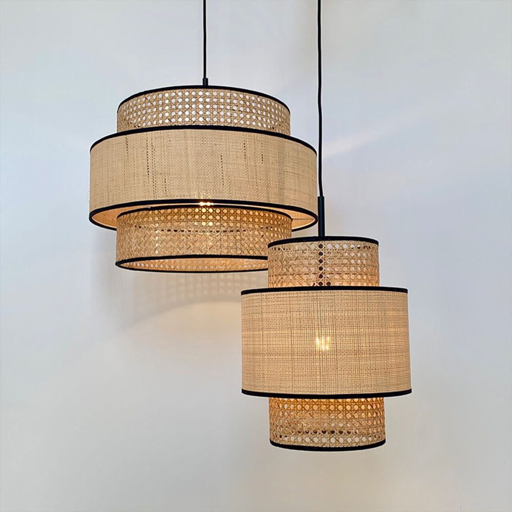 Ritta Wabi Sabi Tri-Layer Cylindrical Rattan/Metal Pendant Light, Wooden | Fioriscas