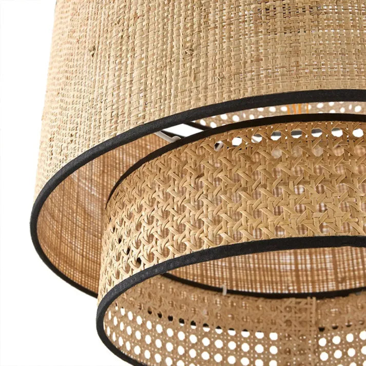 Ritta Wabi Sabi Tri-Layer Cylindrical Rattan/Metal Pendant Light, Wooden | Fioriscas