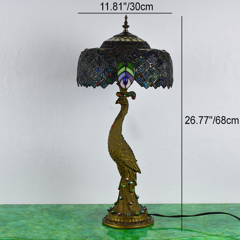 Tiffany-Tischlampe mit mehrfarbigem Glasschirm in Kuppelform und Kunstharzfuß