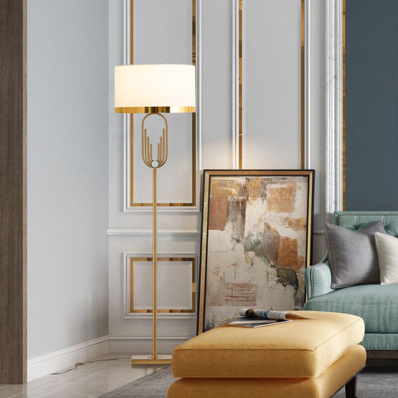 Lampa podłogowa Aurelia Gold w stylu Art Deco, abażur z tkaniny i pilot