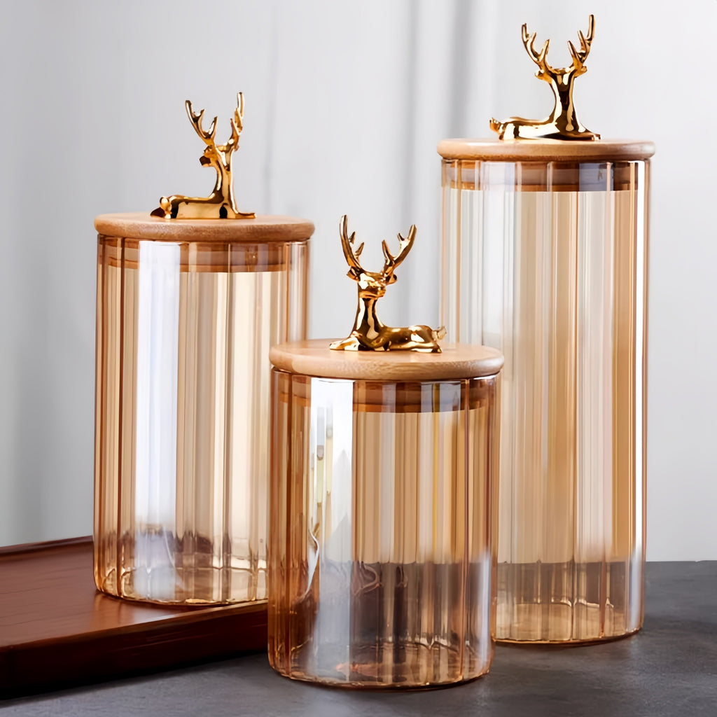 Amber Glass Jar Set, Elowen Stag 3-Piece, Gold Lids