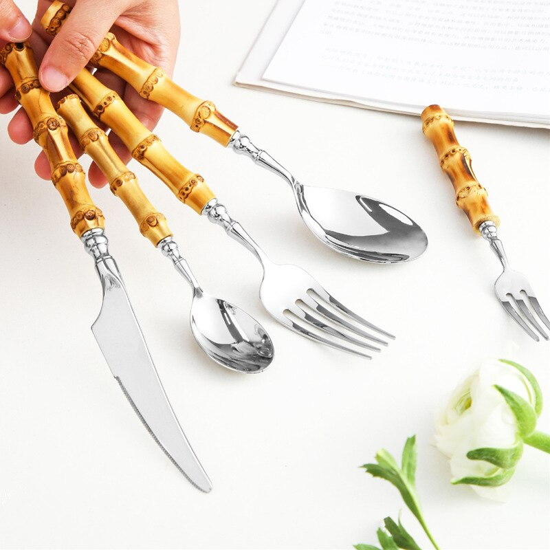 Bamboo & Stainless Steel Flatware Set, Eco-Friendly Dining Cutlery