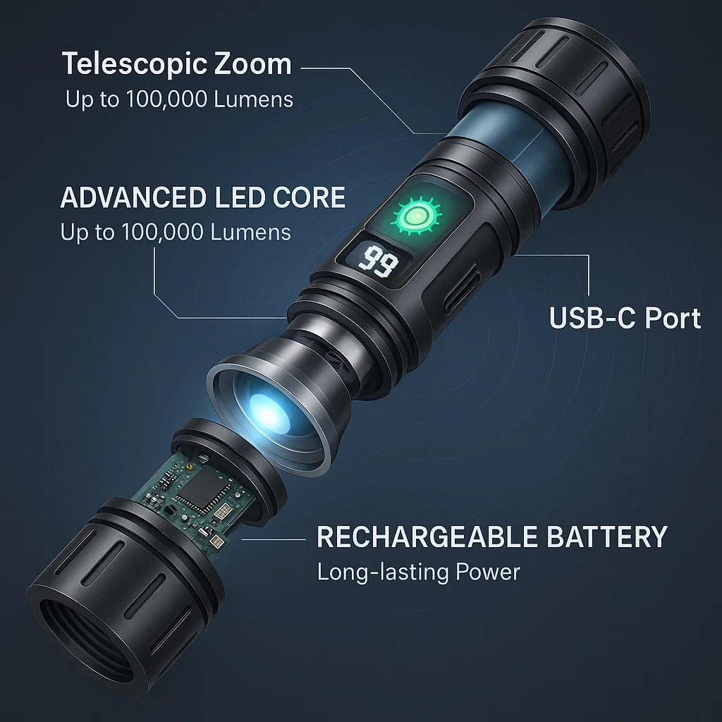 Linterna táctica AstraForge Titan, LED recargable de 100.000 lúmenes