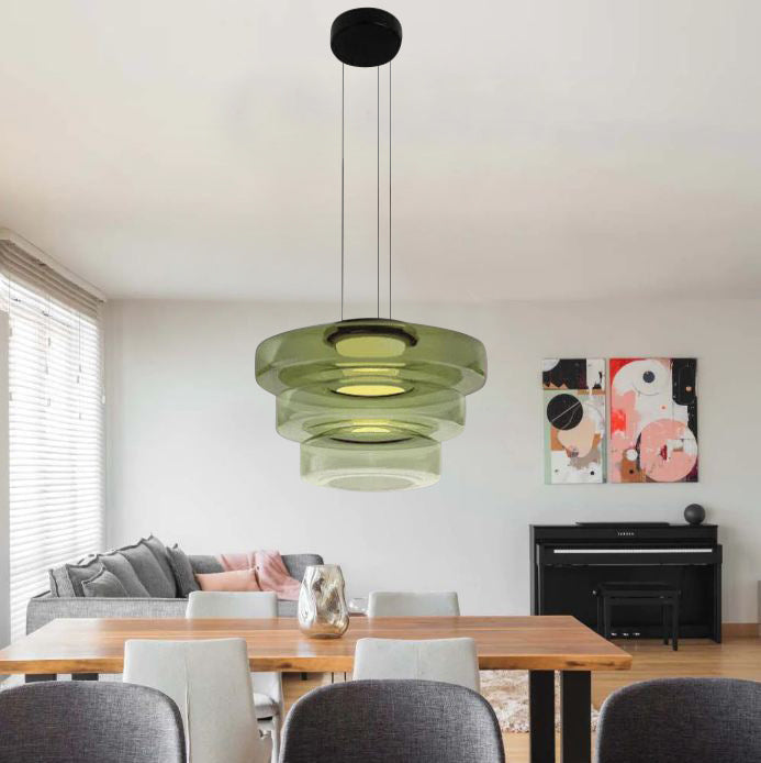 Lustră suspendată Asteron Bauhaus cu plafonieră din sticlă, 3 nuanțe de sticlă