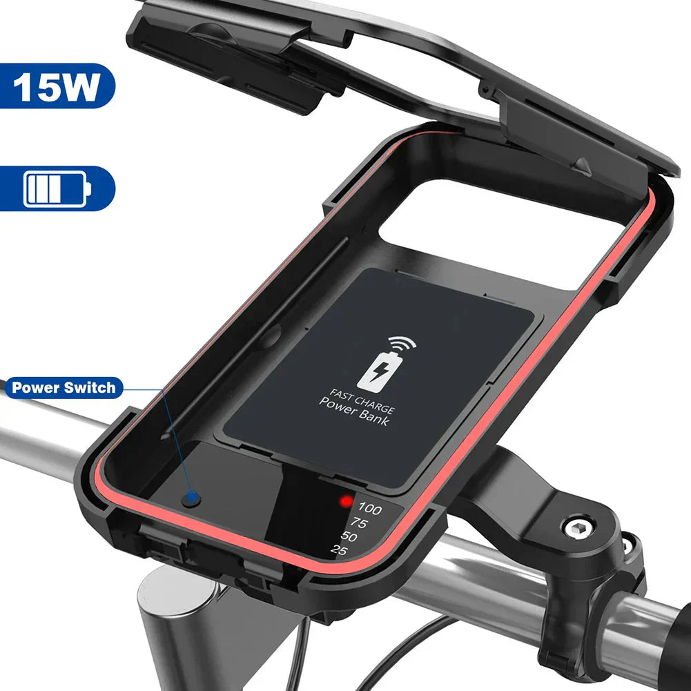 NovaTrail-cykeltelefonholder med vandtæt etui og 15 W trådløs powerbank