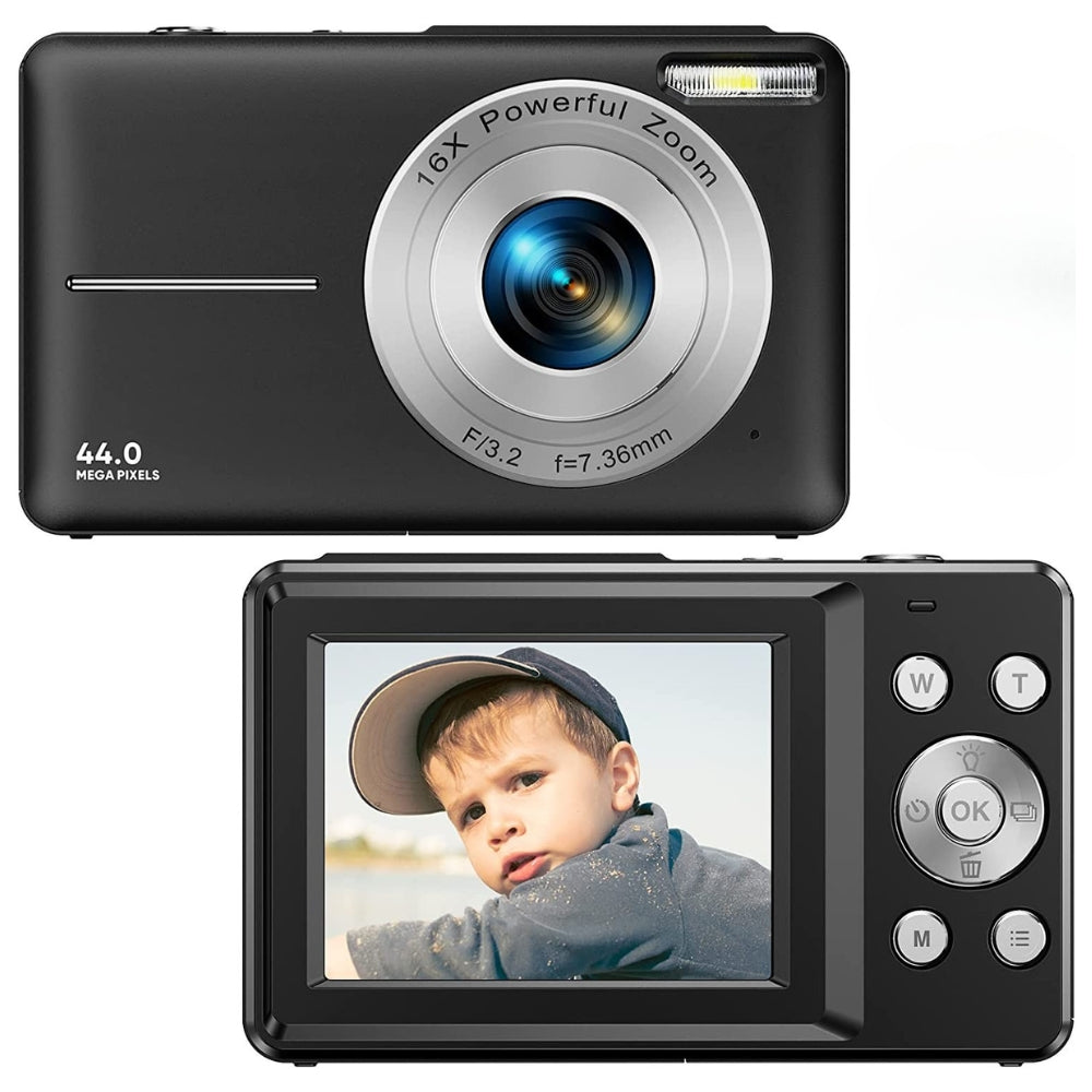 Wiederaufladbare Vlogging-Kamera mit 16-fachem Zoom, 44-MP-Fotos und 1080p-Video