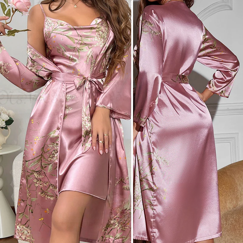 LunaSilk Cherry Blossom Print Satin Kimono And Nightgown Set