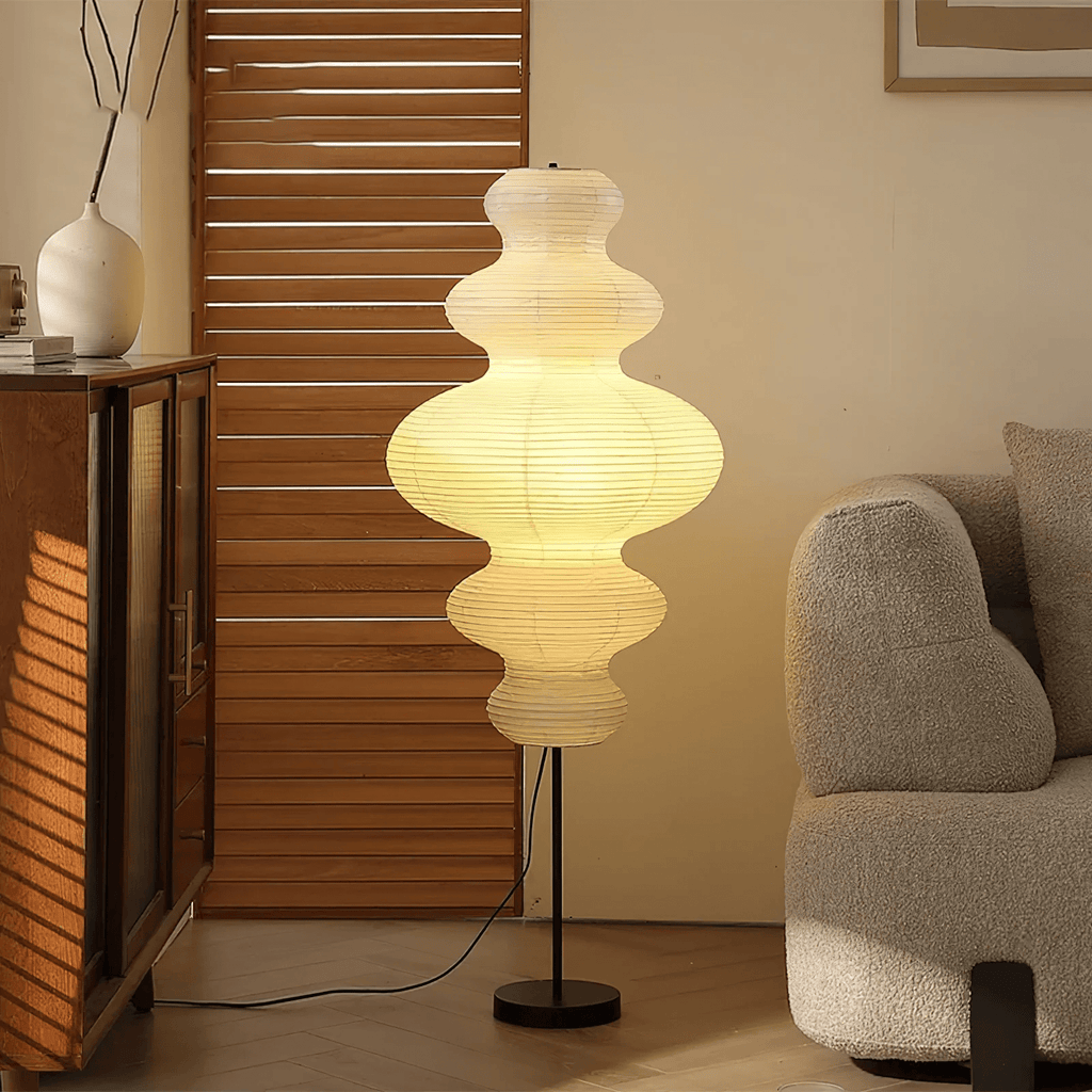 LumiKiri Floor Lamp With Chigiri Paper Shade Warm Glow