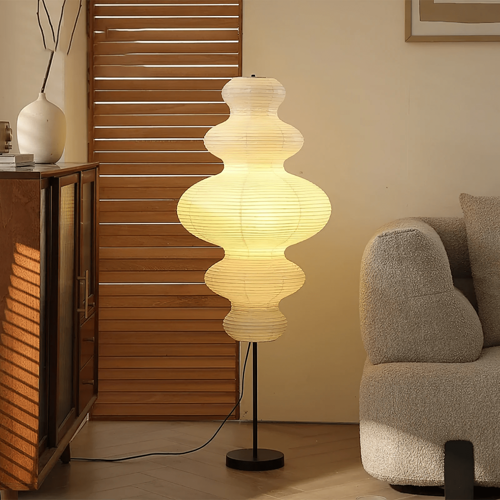 LumiKiri Floor Lamp With Chigiri Paper Shade Warm Glow