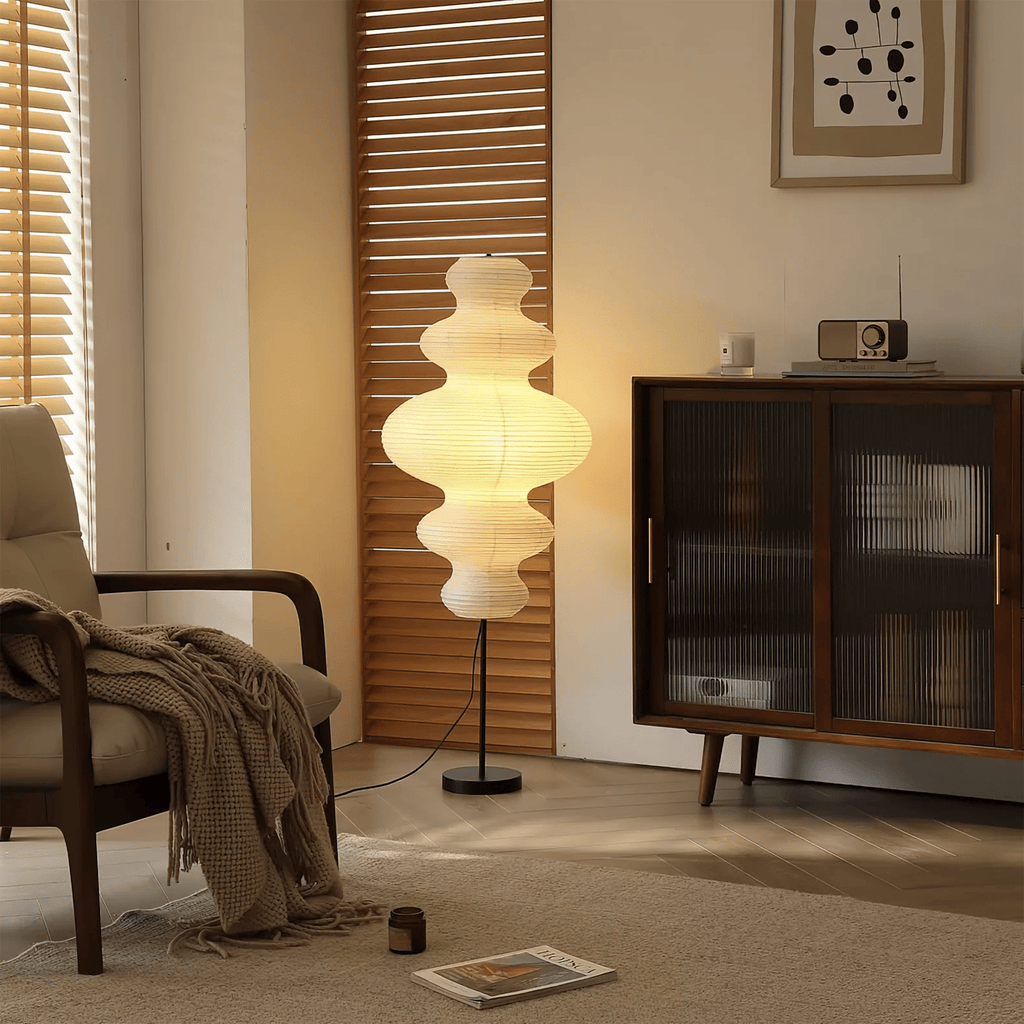 LumiKiri Floor Lamp With Chigiri Paper Shade Warm Glow