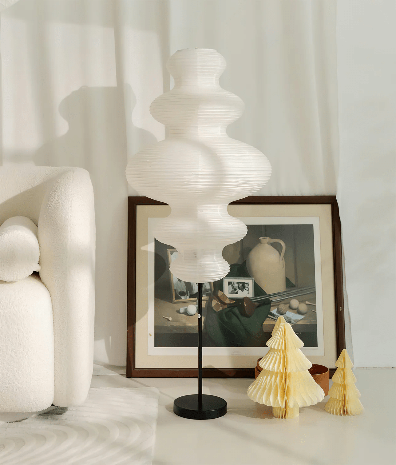 LumiKiri Floor Lamp With Chigiri Paper Shade Warm Glow