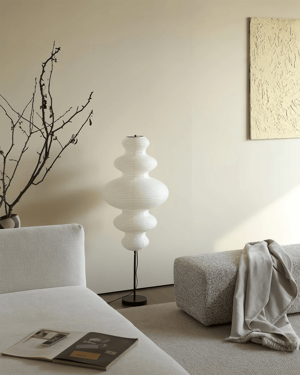 LumiKiri Floor Lamp With Chigiri Paper Shade Warm Glow