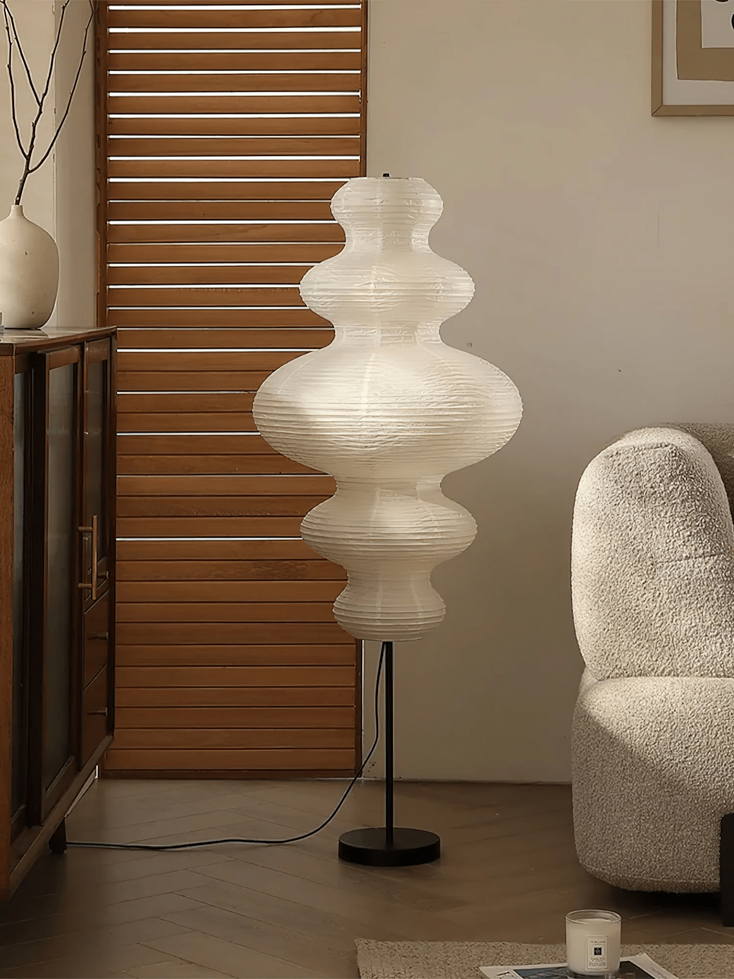 LumiKiri Floor Lamp With Chigiri Paper Shade Warm Glow