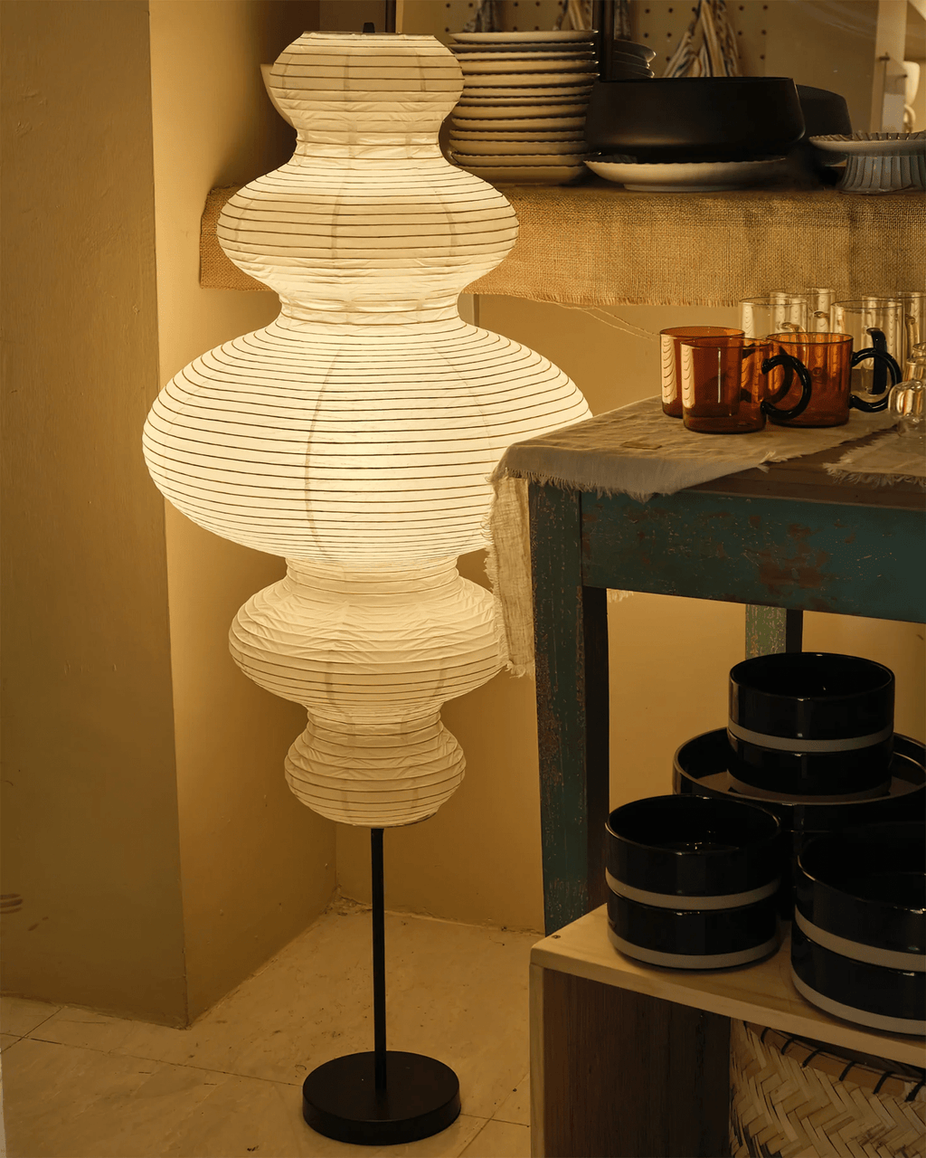 LumiKiri Floor Lamp With Chigiri Paper Shade Warm Glow