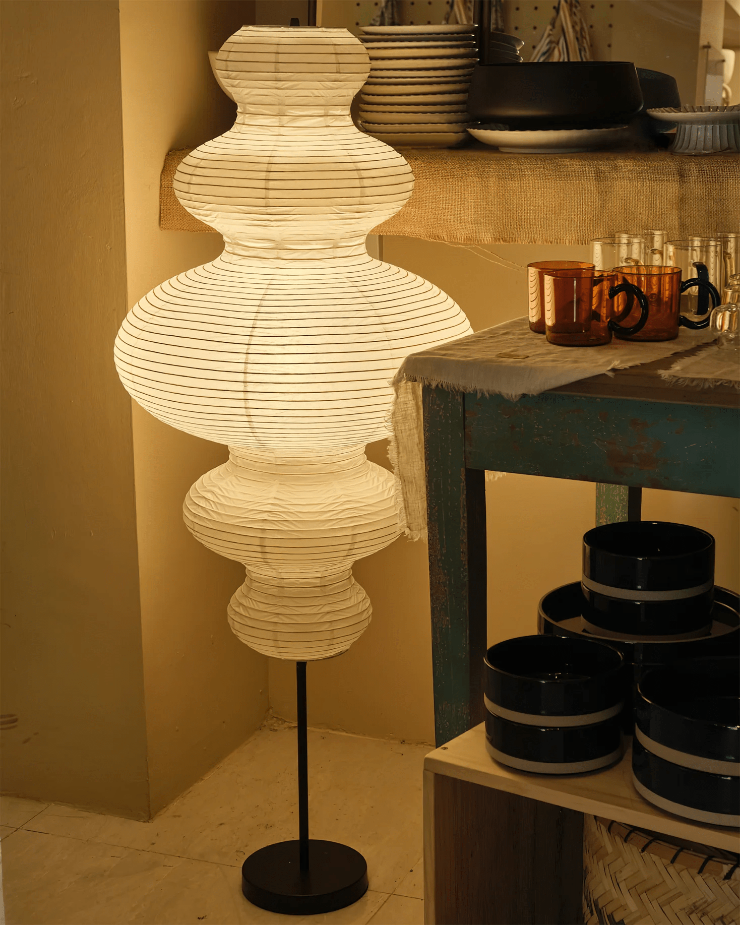 LumiKiri Floor Lamp With Chigiri Paper Shade Warm Glow