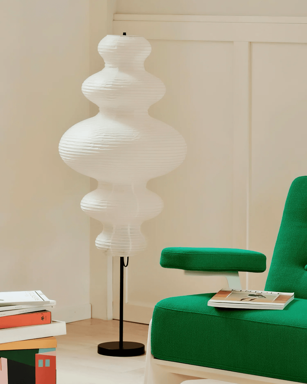 LumiKiri Floor Lamp With Chigiri Paper Shade Warm Glow