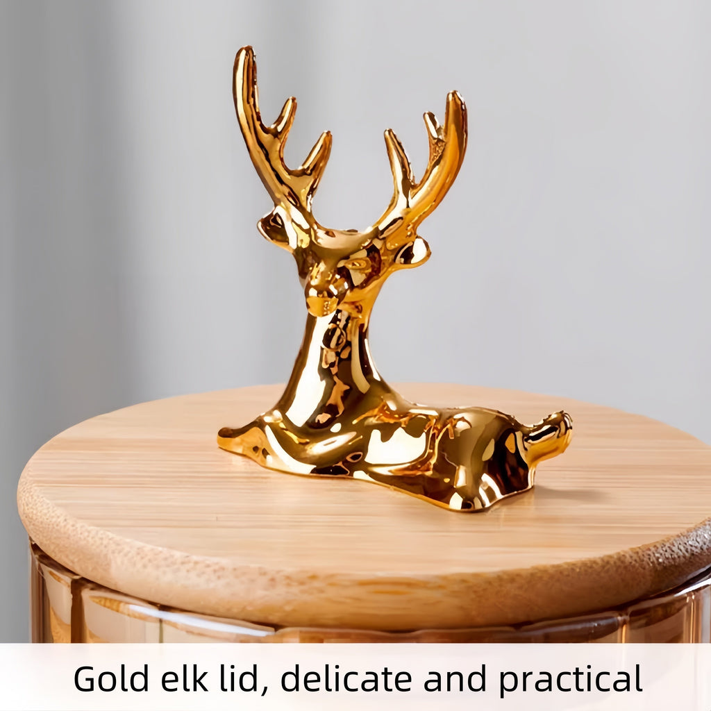 Amber Glass Jar Set, Elowen Stag 3-Piece, Gold Lids
