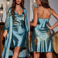 LunaSilk Cherry Blossom Print Satin Kimono And Nightgown Set