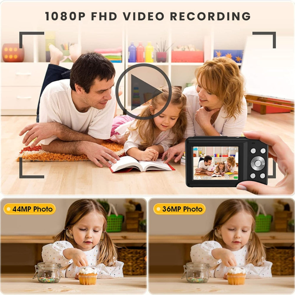 Wiederaufladbare Vlogging-Kamera mit 16-fachem Zoom, 44-MP-Fotos und 1080p-Video
