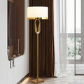 Lampa podłogowa Aurelia Gold w stylu Art Deco, abażur z tkaniny i pilot