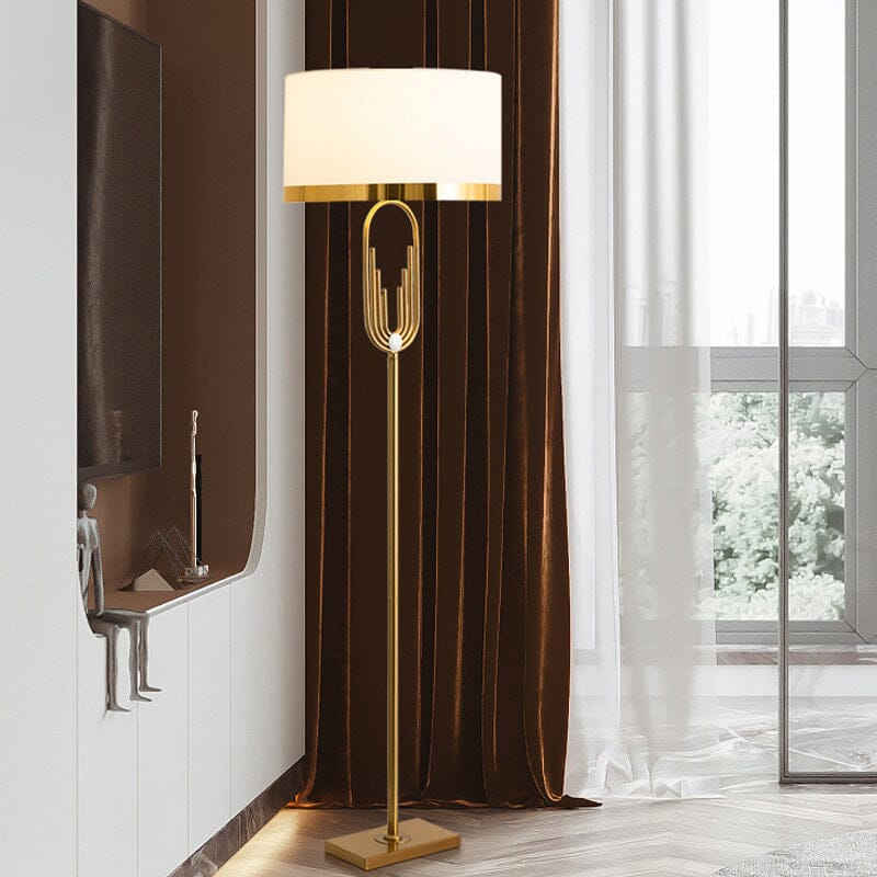 Lampa podłogowa Aurelia Gold w stylu Art Deco, abażur z tkaniny i pilot