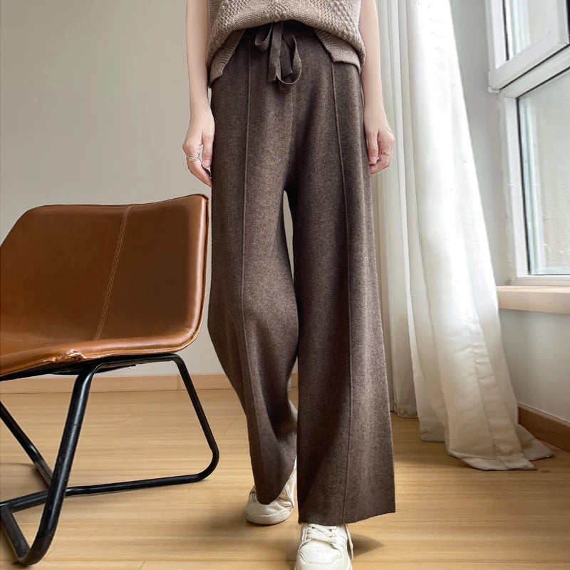 Pantaloni Aurelle in misto cashmere, a gamba larga, vita alta con coulisse
