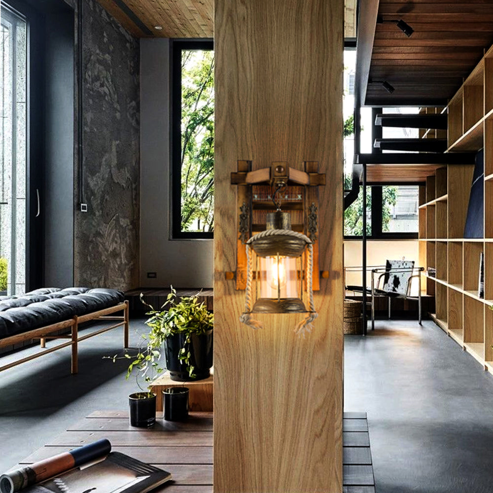 Epoch Vintage Lantern Shape Wood Metal Wall Lamp | Fioriscas