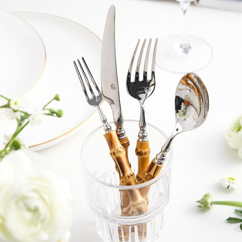 Bamboo & Stainless Steel Flatware Set, Eco-Friendly Dining Cutlery