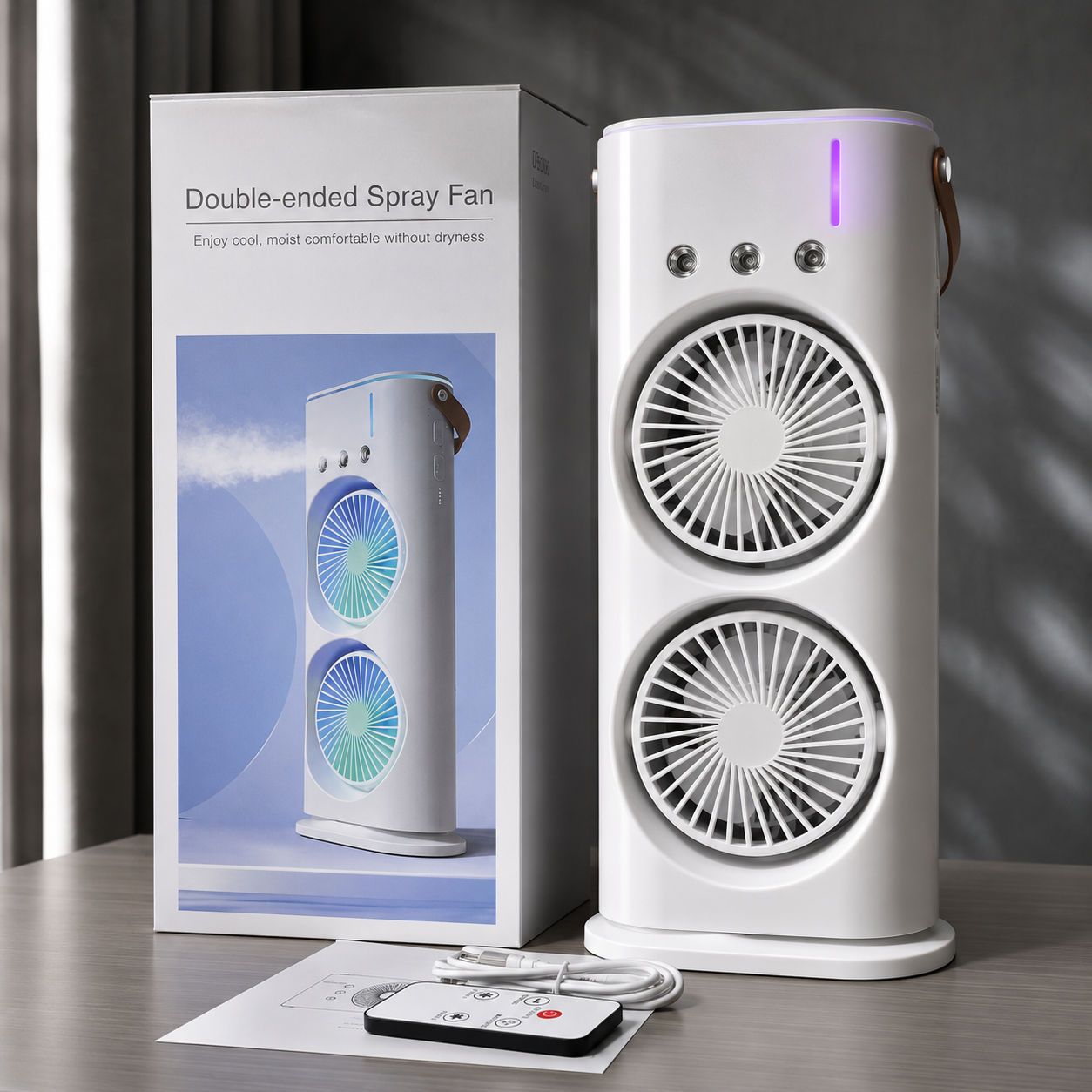 Wentylator biurkowy MistBreeze z podwójną głowicą, nawilżający, ładowany przez USB, z pilotem.