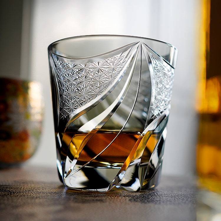 Kireno Inkstone Flame Edo Kiriko Whisky Glass, Wooden Box