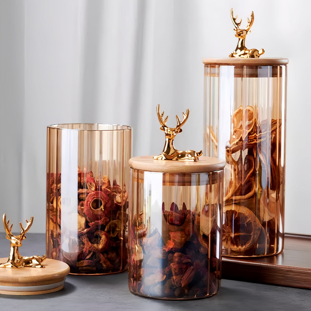 Amber Glass Jar Set, Elowen Stag 3-Piece, Gold Lids