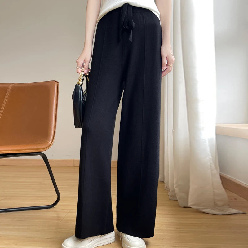 Pantaloni Aurelle in misto cashmere, a gamba larga, vita alta con coulisse