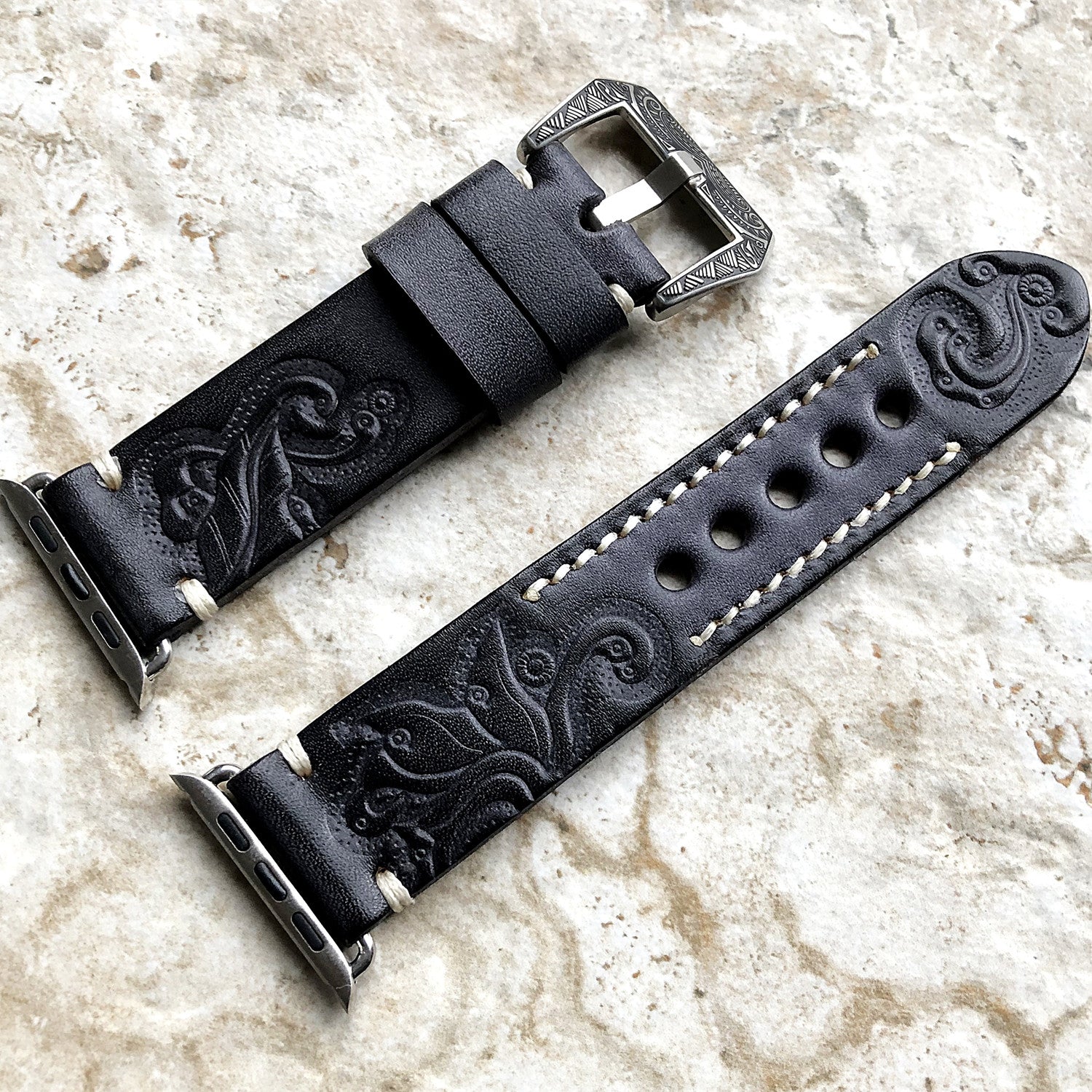 Apple Watch Band, Sera Hand-Engraved Embossed Leather, Fits Ultra To Series 3