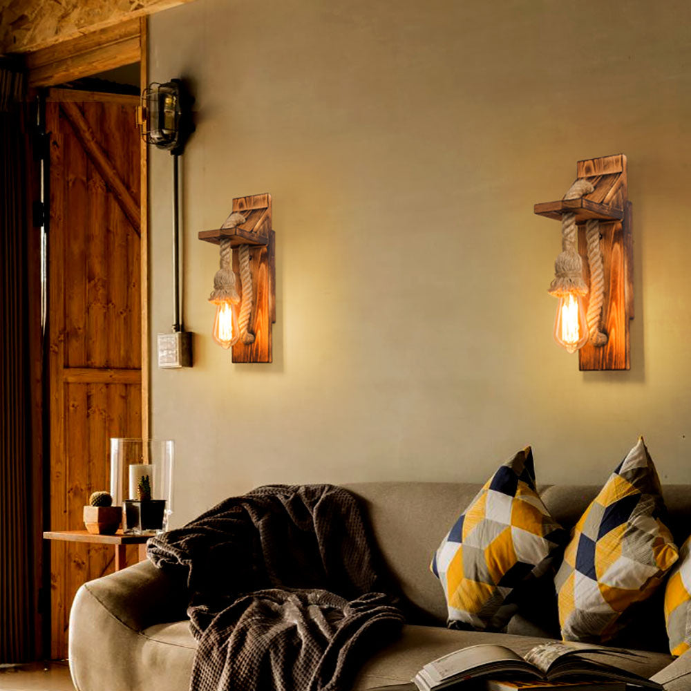 Epoch Vintage Rectangular LED Wall Light, Wood/Hemp Rope, Dining Room | Fioriscas
