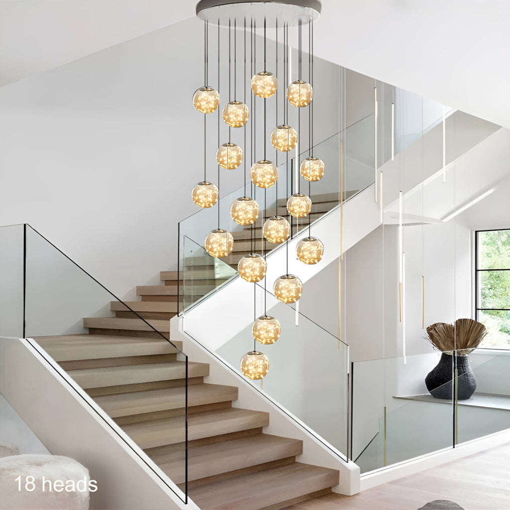 LuminaOrb Staircase Chandelier With Glass Orb Cluster, Warm LED Glow