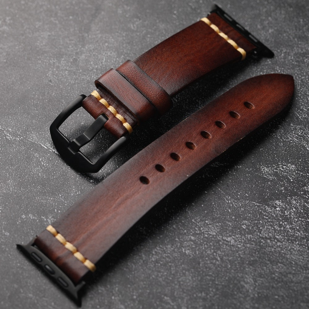 Cinturino in pelle per Apple Watch, Marin pieno fiore, cucito a mano con filo Tiger