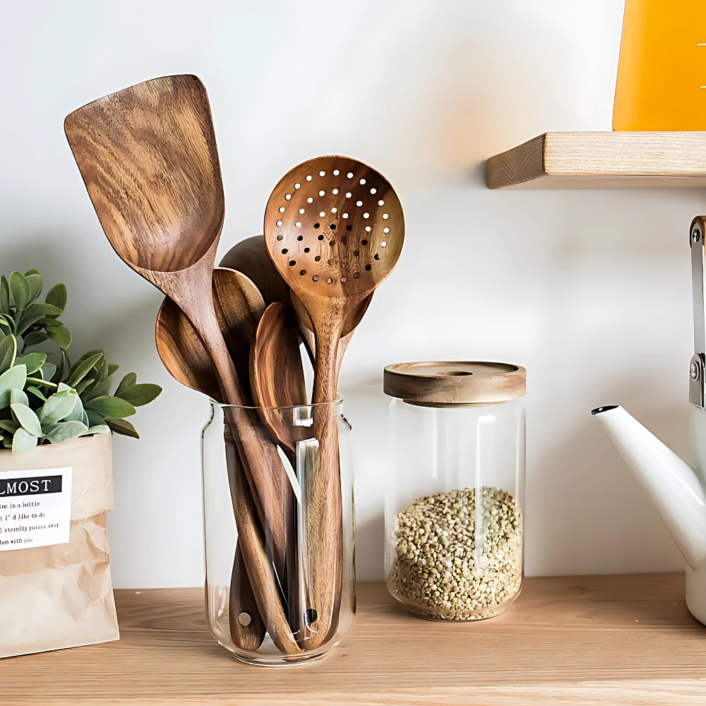 Ensemble d’ustensiles de cuisine en bois naturel ForestCraft pour cuisiniers amateurs
