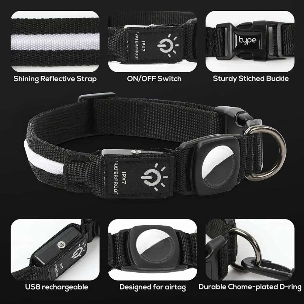 LumaPaw Waterproof Dog Collar, LED Light & AirTag Tracker Slot
