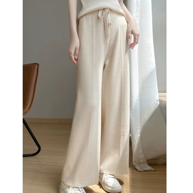 Pantaloni Aurelle in misto cashmere, a gamba larga, vita alta con coulisse