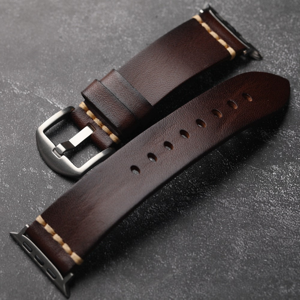 Cinturino in pelle per Apple Watch, Marin pieno fiore, cucito a mano con filo Tiger