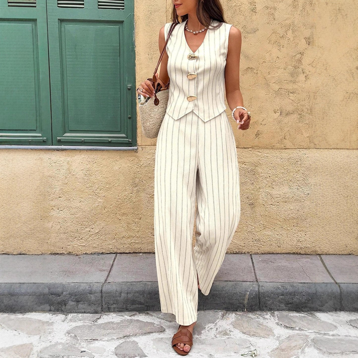 Ensemble Riviera I Duo Gilet et Pantalon Fluide à Rayures