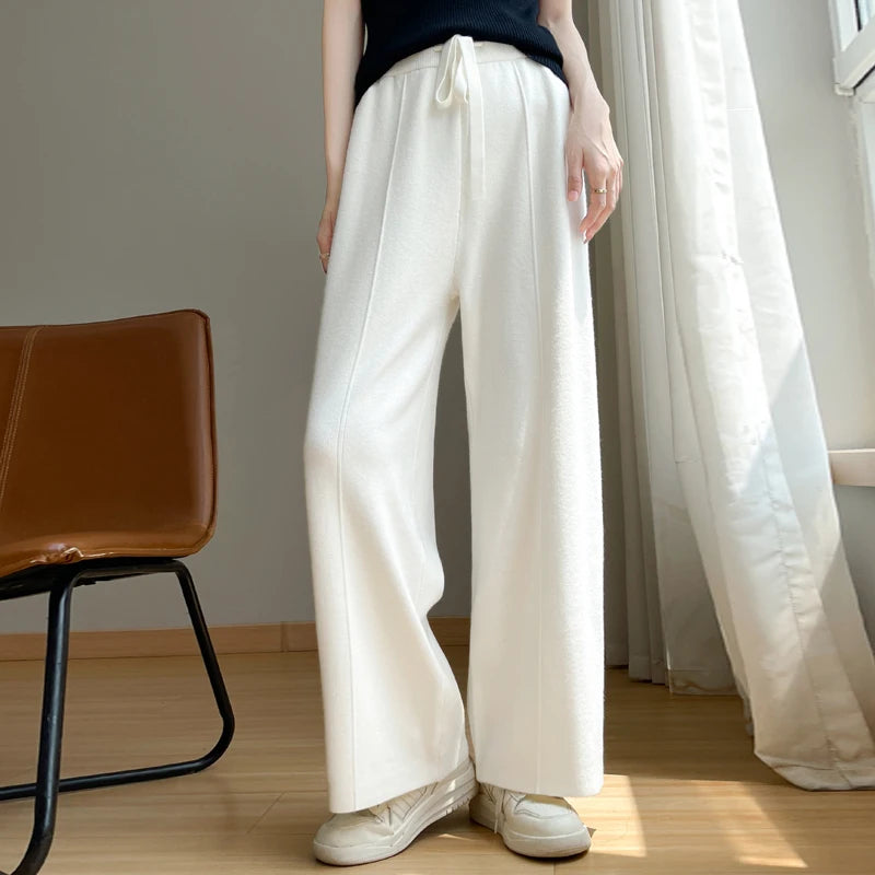 Pantaloni Aurelle in misto cashmere, a gamba larga, vita alta con coulisse