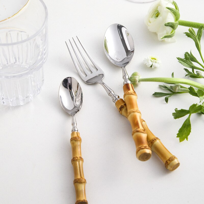 Bamboo & Stainless Steel Flatware Set, Eco-Friendly Dining Cutlery