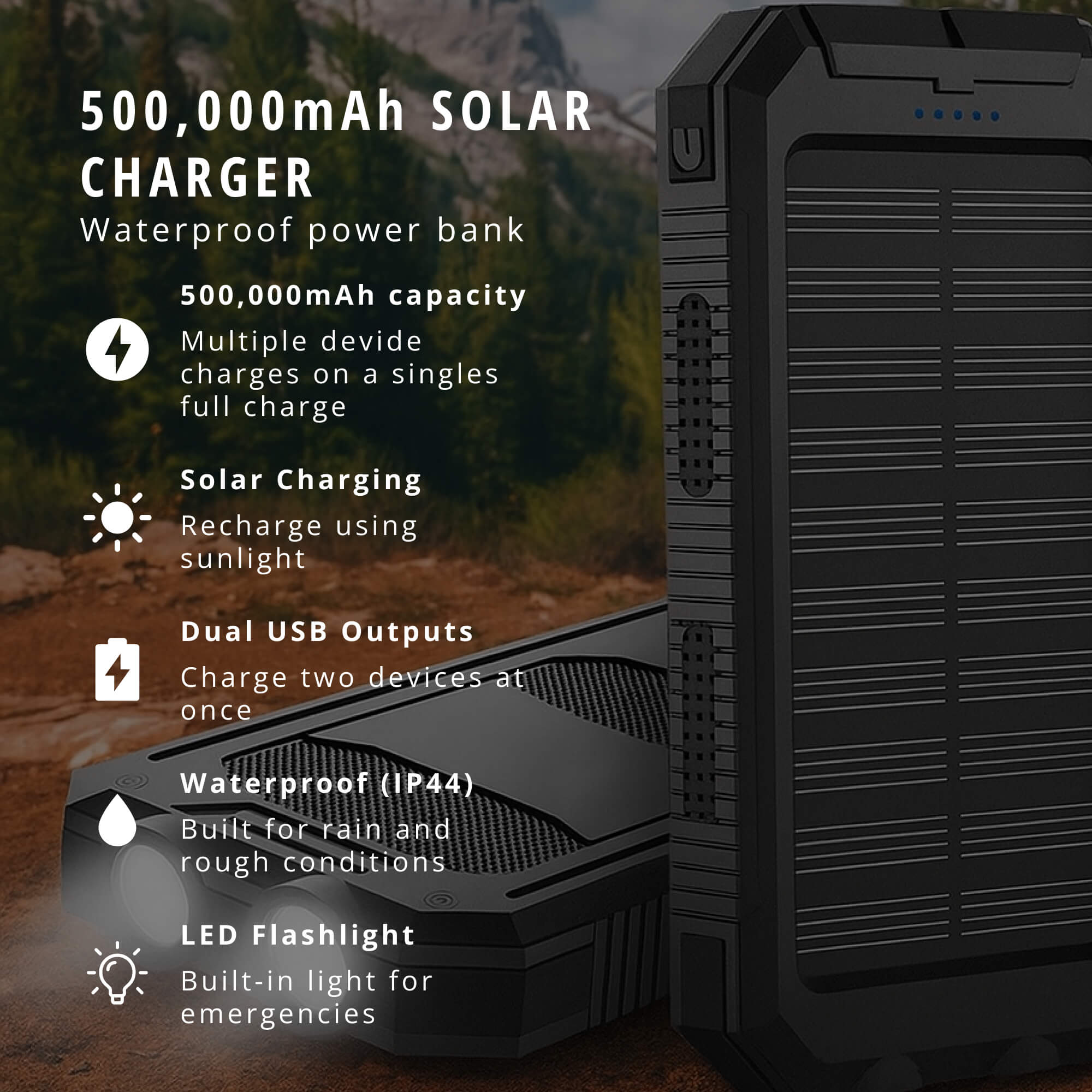 50000mAh Solar Power Bank With Dual USB Ports, Waterproof
