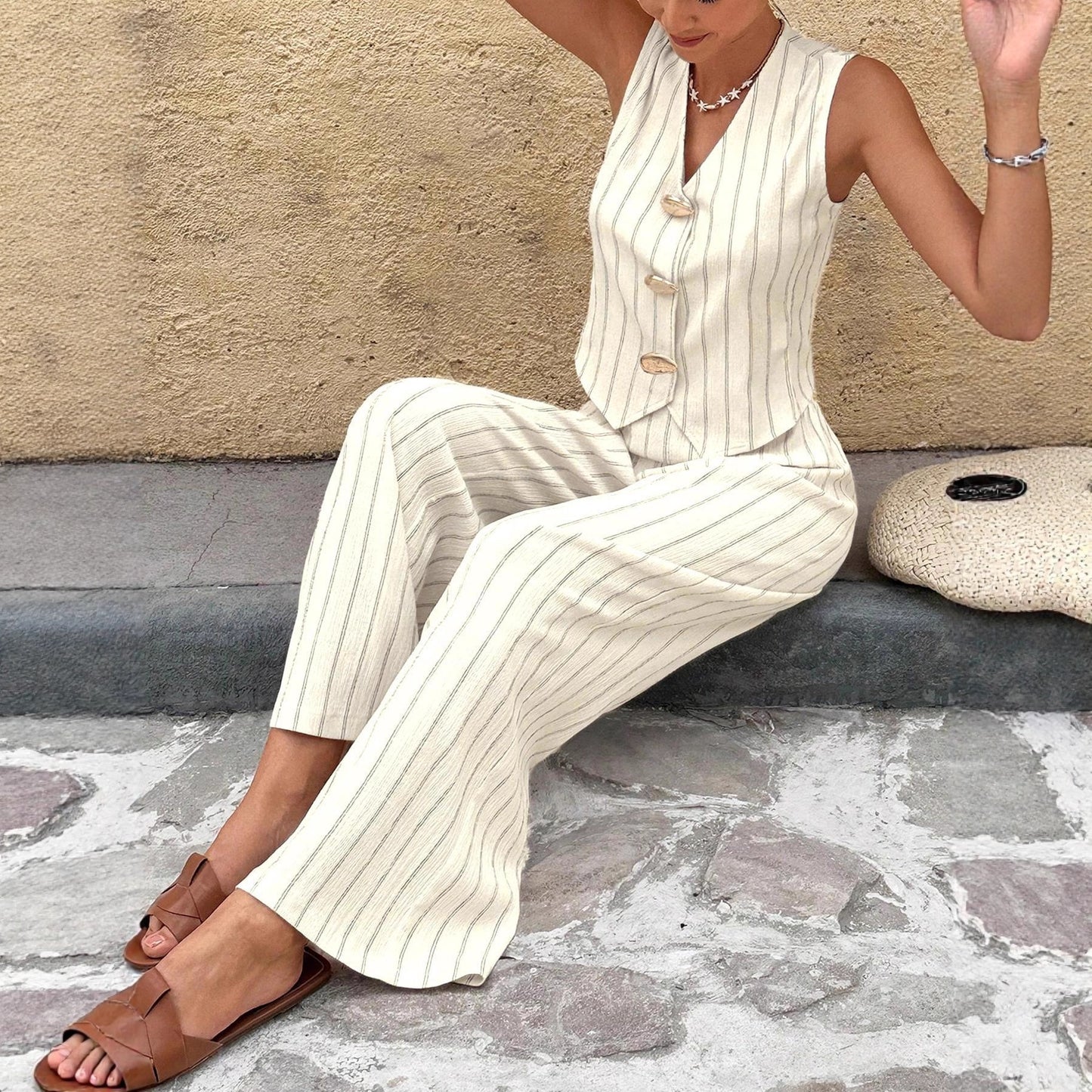 Ensemble Riviera I Duo Gilet et Pantalon Fluide à Rayures