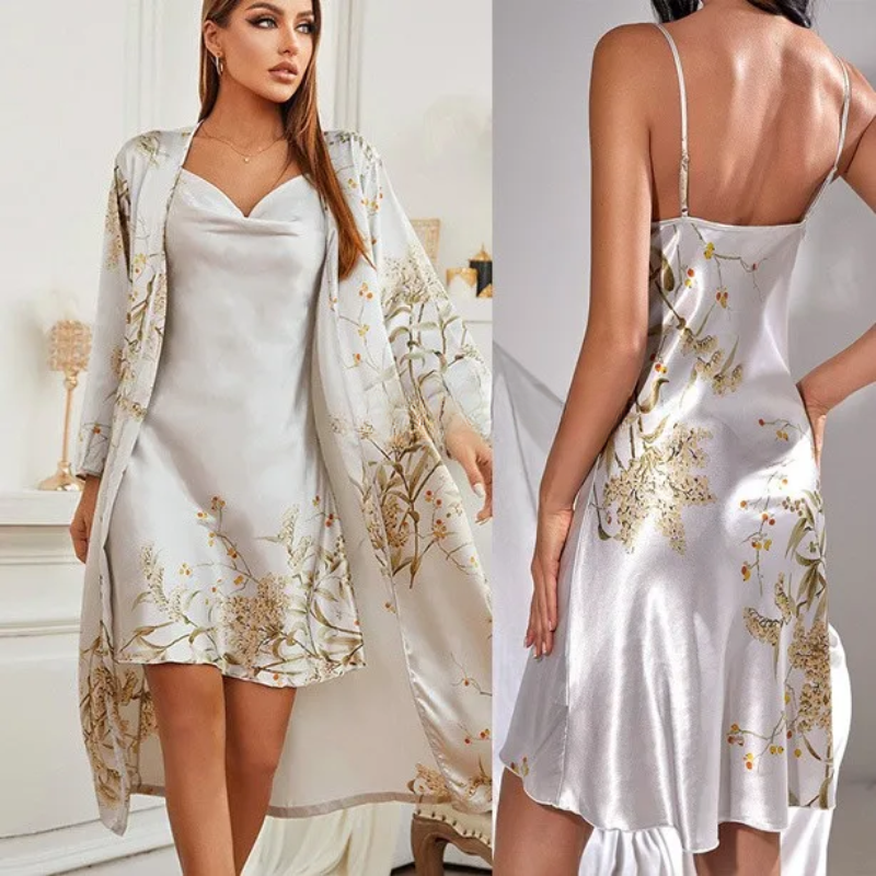 LunaSilk Cherry Blossom Print Satin Kimono And Nightgown Set