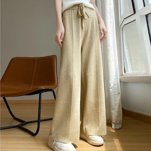 Aurelle Cashmere Blend Trousers, Wide-Leg High-Rise With Drawstring