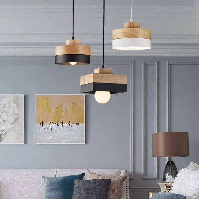 Aria Minimalist Black & White Wood Geometric Pendant Light | Fioriscas