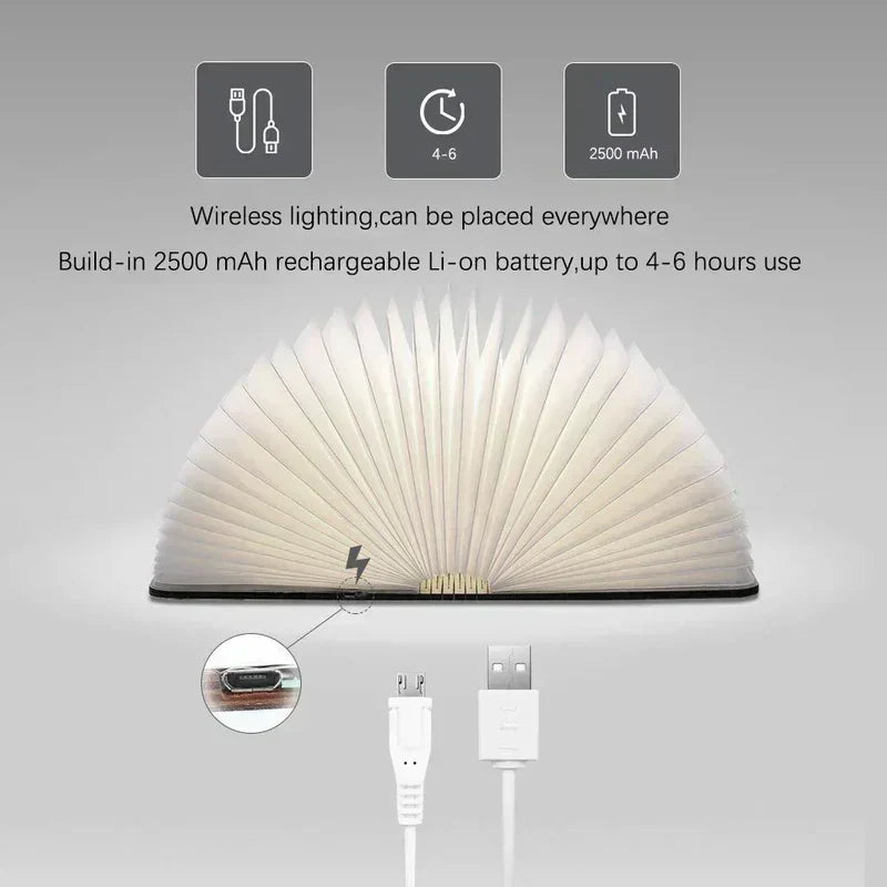 Lámpara de lectura plegable con acabado de madera cálida, lámpara LED de mesita de noche inalámbrica