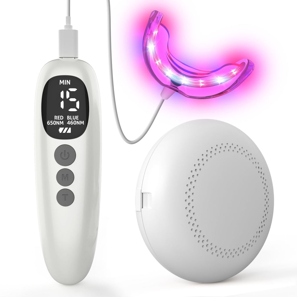 Dispositivo per la cura di gengive e denti con luce rossa e luce blu